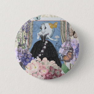 Macaron Rond 5 Cm Femme élégante bleue Robe florale Chic