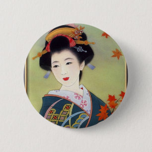 Macaron Rond 5 Cm Femme japonaise dans le kimono bleu
