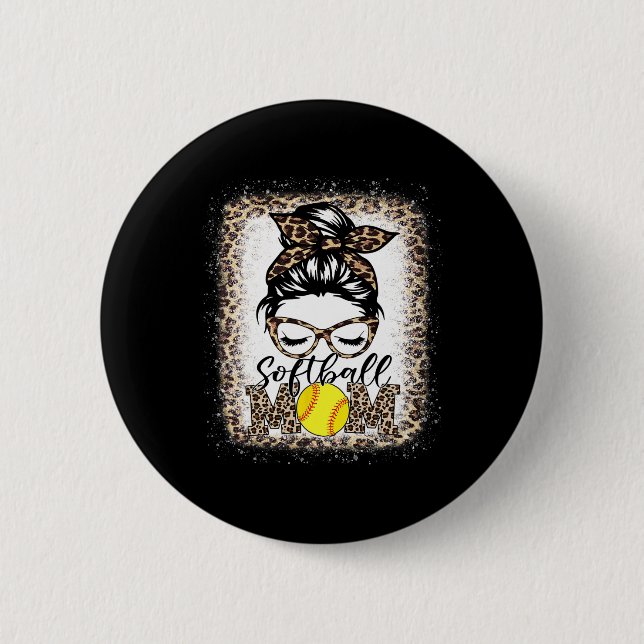 Macaron Rond 5 Cm Femmes Softball Maman Boy Leopard Messy Bun Baseba (Devant)