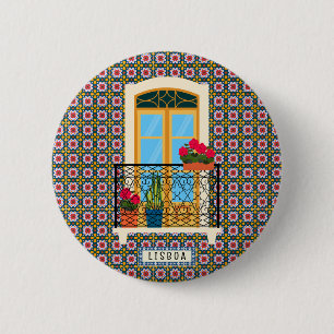 Macaron Rond 5 Cm Fenêtre de la maison de Lisbonne avec plantes et c