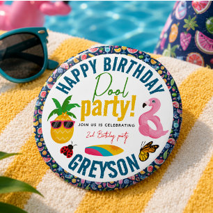 Macaron Rond 5 Cm Fête au Piscine   Fête d'anniversaire Moderne sur 