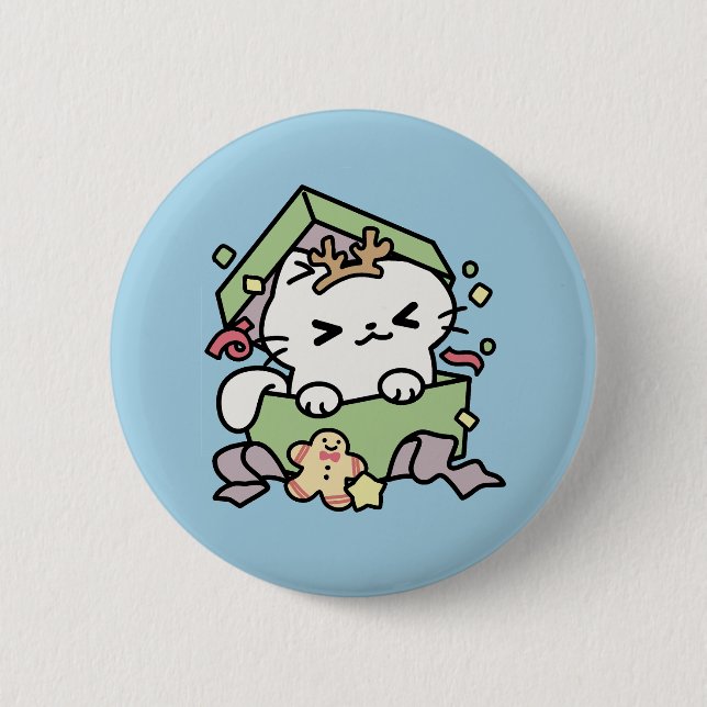 Macaron Rond 5 Cm Fête de Noël avec Purr-ty Time Cat (Devant)