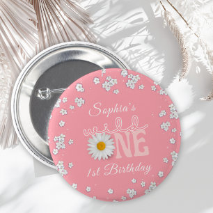 Macaron Rond 5 Cm Fête des un an Pink Daisy Wild One