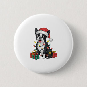 Macaron Rond 5 Cm Feu de Noël Santa Hat Boston Terrier Chien Noël