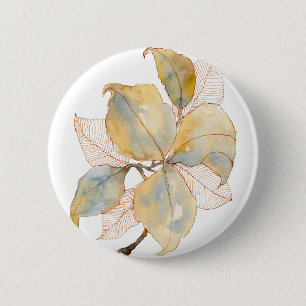 Macaron Rond 5 Cm Feuilles botaniques aquarelles bleu or mat
