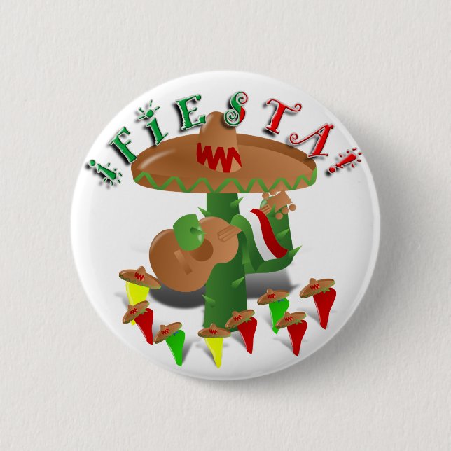 Macaron Rond 5 Cm Fiesta Cactus avec Sombrero & Guitare (Devant)