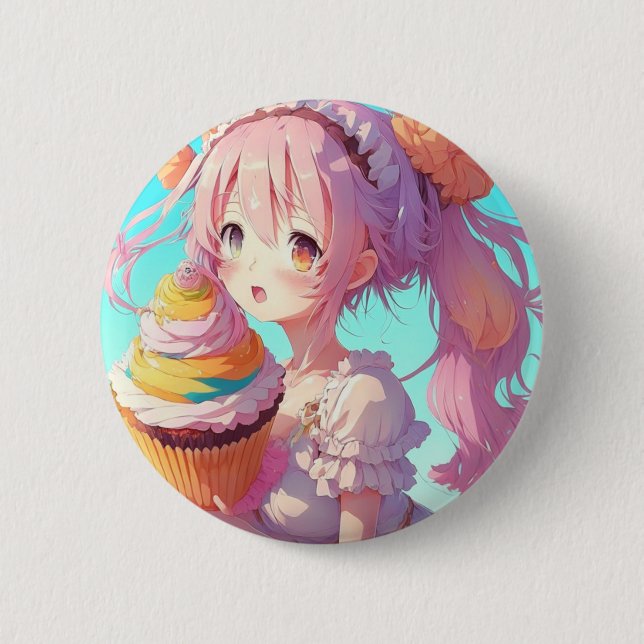 Macaron Rond 5 Cm Fille Anime avec Cupcake Whimsical (Devant)