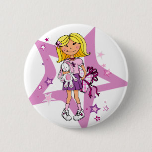 Macaron Rond 5 Cm Fille cheveux blonde avec un bouton d'étoile cadea