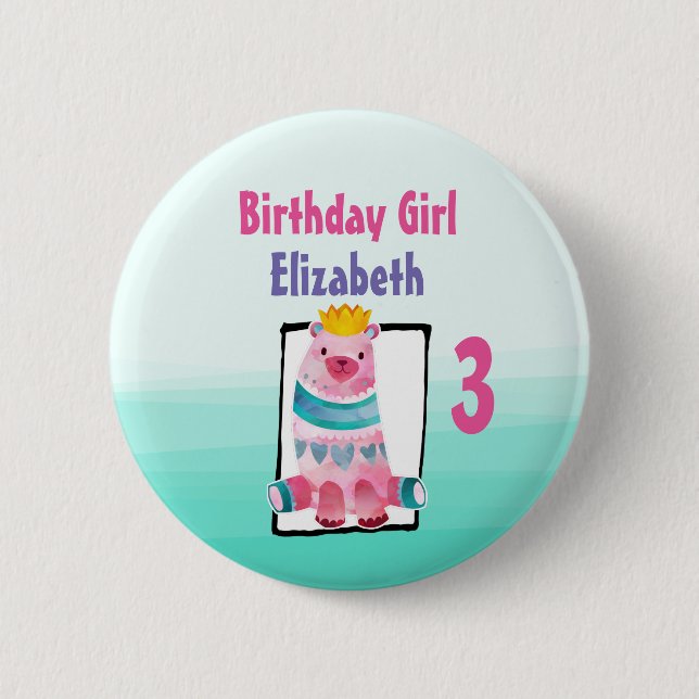 Macaron Rond 5 Cm Fille d'anniversaire avec l'ours d'aquarelle porta (Devant)