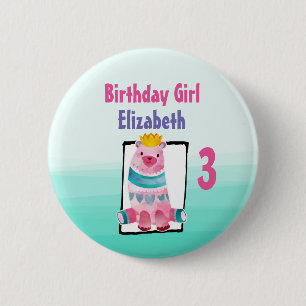 Macaron Rond 5 Cm Fille d'anniversaire avec l'ours d'aquarelle porta