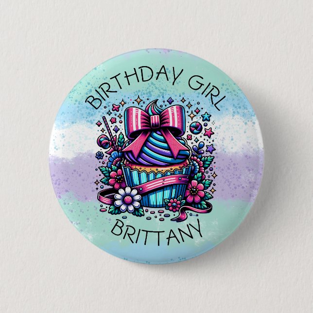 Macaron Rond 5 Cm Fille d'anniversaire Cupcake Whimsical Personnalis (Devant)