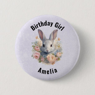 Macaron Rond 5 Cm Fille d'anniversaire entourée de fleurs pastel de