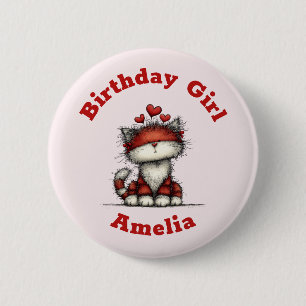 Macaron Rond 5 Cm Fille d'anniversaire mignonne avec chat et coeurs 