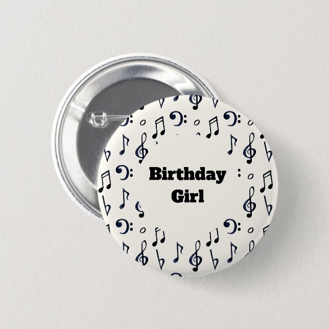 Macaron Rond 5 Cm Fille d'anniversaire - Motif de notes musicales (Devant & derrière)