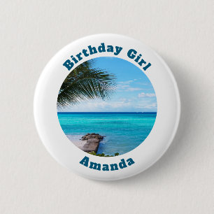 Macaron Rond 5 Cm Fille d'anniversaire  Plage tropicale panoramique 