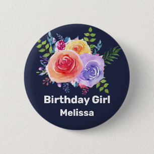 Macaron Rond 5 Cm Fille d'anniversaire Roses aquarelle