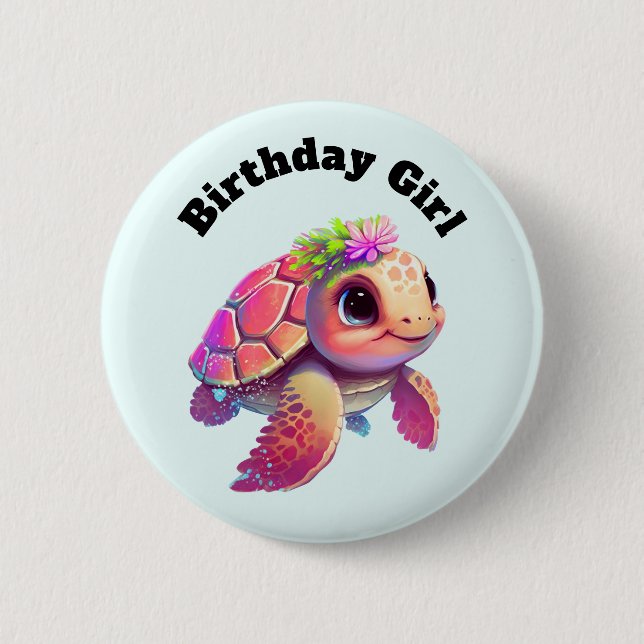Macaron Rond 5 Cm Fille d'anniversaire - Tortue de mer rose Whimsica (Devant)