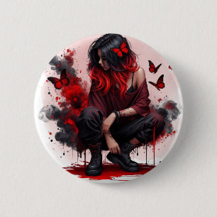 Macaron Rond 5 Cm Fille grunge papillon rouge