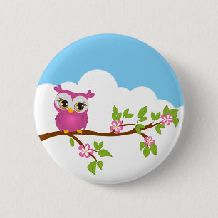 Macaron Rond 5 Cm Fille mignonne de hibou sur un bouton de branche