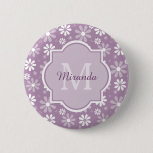 Macaron Rond 5 Cm Fille Monogramme Lumière Purple Daisy Fleurs et no