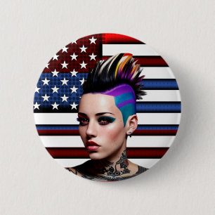 Macaron Rond 5 Cm Fille punk mohawk avec drapeau américain
