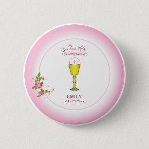 Macaron Rond 5 Cm Fille Rose Première Communion Sainte, Chalice, Hôt