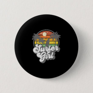 Macaron Rond 5 Cm Fille surfeuse plage rétro 70s vintage vacances de