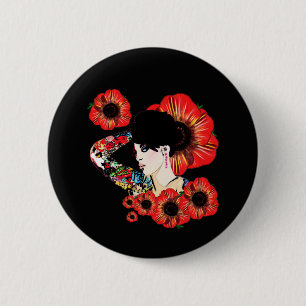 Macaron Rond 5 Cm Fille tatouée parmi les fleurs de pavot Art par Le
