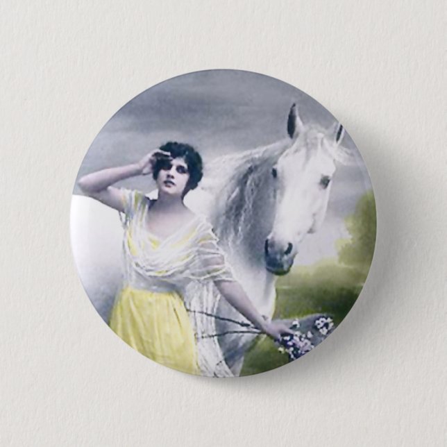 Macaron Rond 5 Cm fille victorienne avec cheval blanc (Devant)