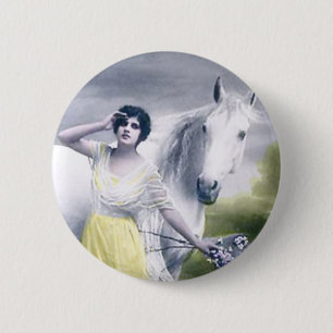 Macaron Rond 5 Cm fille victorienne avec cheval blanc
