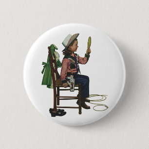 Macaron Rond 5 Cm Fille Vintage Cowgirl Se regardant dans un miroir 