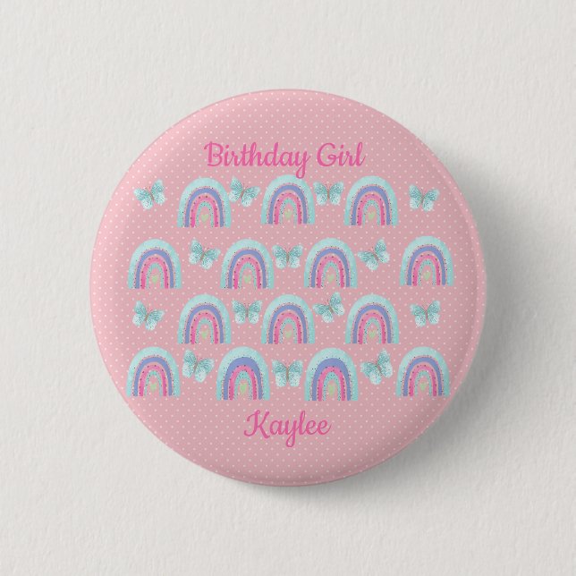 Macaron Rond 5 Cm Filles d'anniversaire Rainbows, papillons et Pois (Devant)