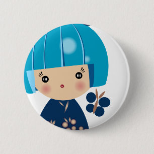 Macaron Rond 5 Cm Fin bleue de triplet de Kokeshi vers le haut de
