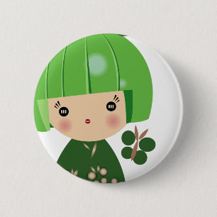 Macaron Rond 5 Cm Fin verte de triplet de Kokeshi vers le haut de