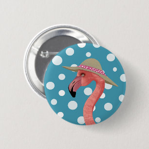 Macaron Rond 5 Cm Flamant rose d'été gai Blue Polka Dot casquette d'