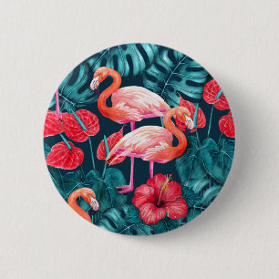 Macaron Rond 5 Cm Flamant rose et aquarelle du jardin tropical