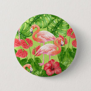Macaron Rond 5 Cm Flamant rose et plantes tropicaux
