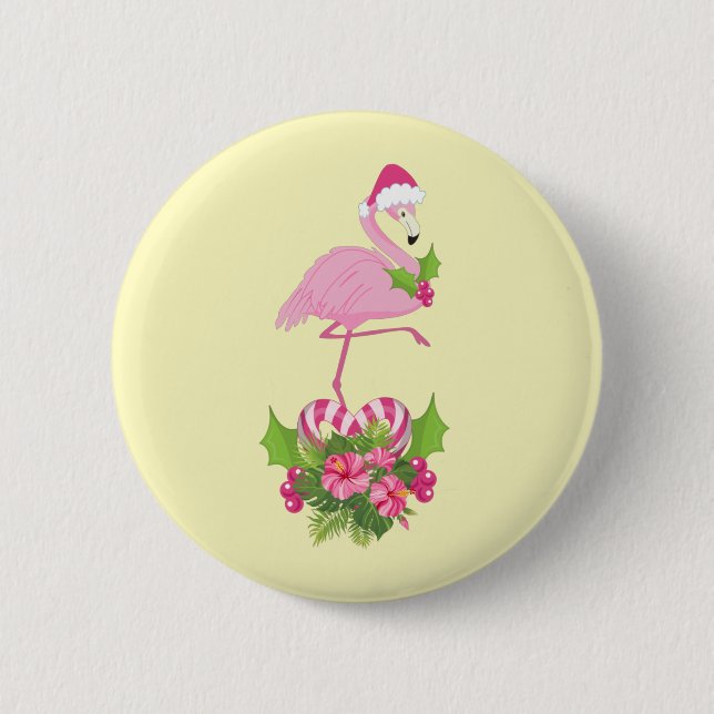 Macaron Rond 5 Cm Flamant rose rose à Santa Hat Noël Whimsical (Devant)