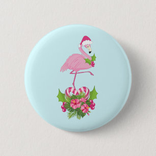 Macaron Rond 5 Cm Flamant rose rose à Santa Hat Noël Whimsical