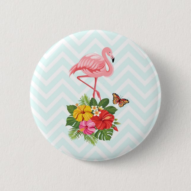 Macaron Rond 5 Cm Flamant rose rose & Hibiscus Tropical Fancy (Devant)