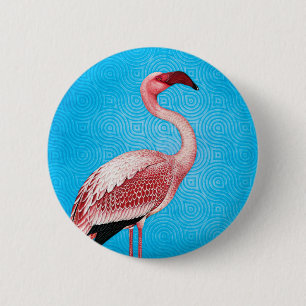 Macaron Rond 5 Cm Flamant rose rose sur le rétro motif bleu