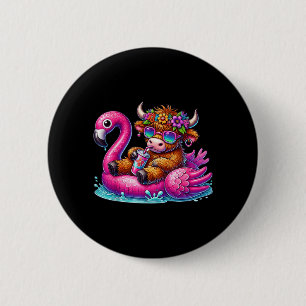 Macaron Rond 5 Cm Flamingo de vache highlandée flotte été plage d'Ha