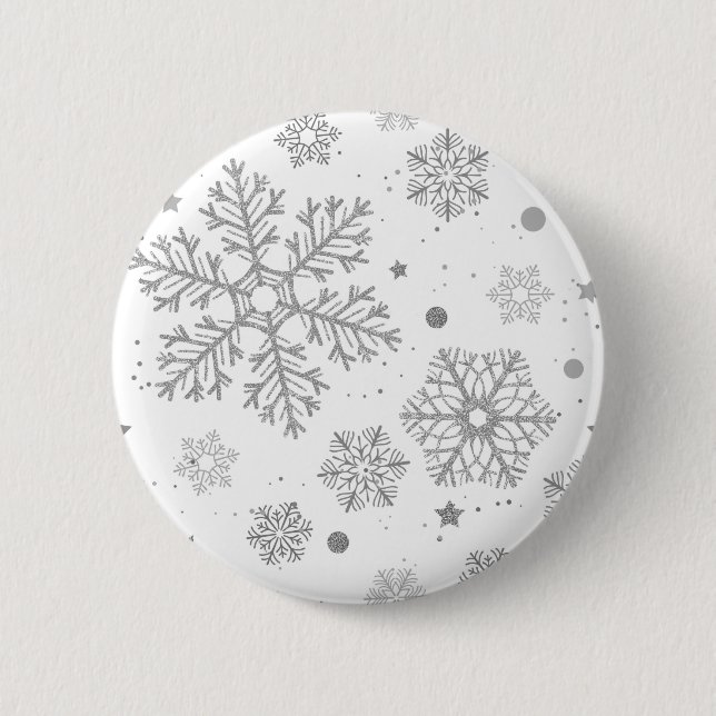 Macaron Rond 5 Cm Flammes de neige en argent sur blanc (Devant)