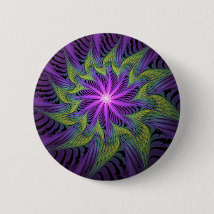 Macaron Rond 5 Cm Fleur Abstraite Moderne de Fractale Violette Verte