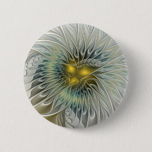 Macaron Rond 5 Cm Fleur argentée dorée Fantaisie abstraite Art fract