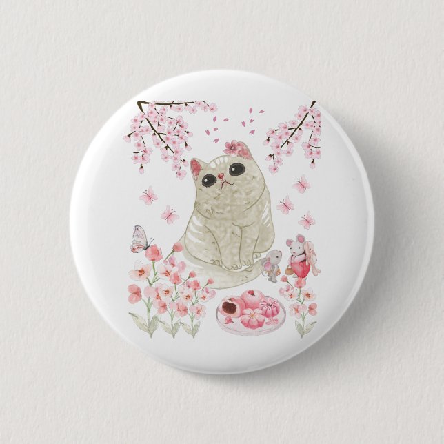 Macaron Rond 5 Cm Fleur de cerise de chat mignonne (Devant)