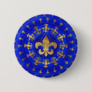 Macaron Rond 5 Cm Fleur de lis ornement Lapis Lazuli et Or