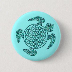 Macaron Rond 5 Cm Fleur de vie / Blume des Lebens tortue turquoise