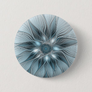 Macaron Rond 5 Cm Fleur joyeuse abstraite florale fractale bleue gri