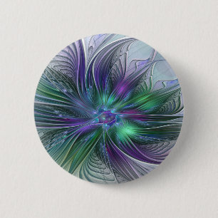 Macaron Rond 5 Cm Fleur vert violet Art Abstrait moderne Fractal